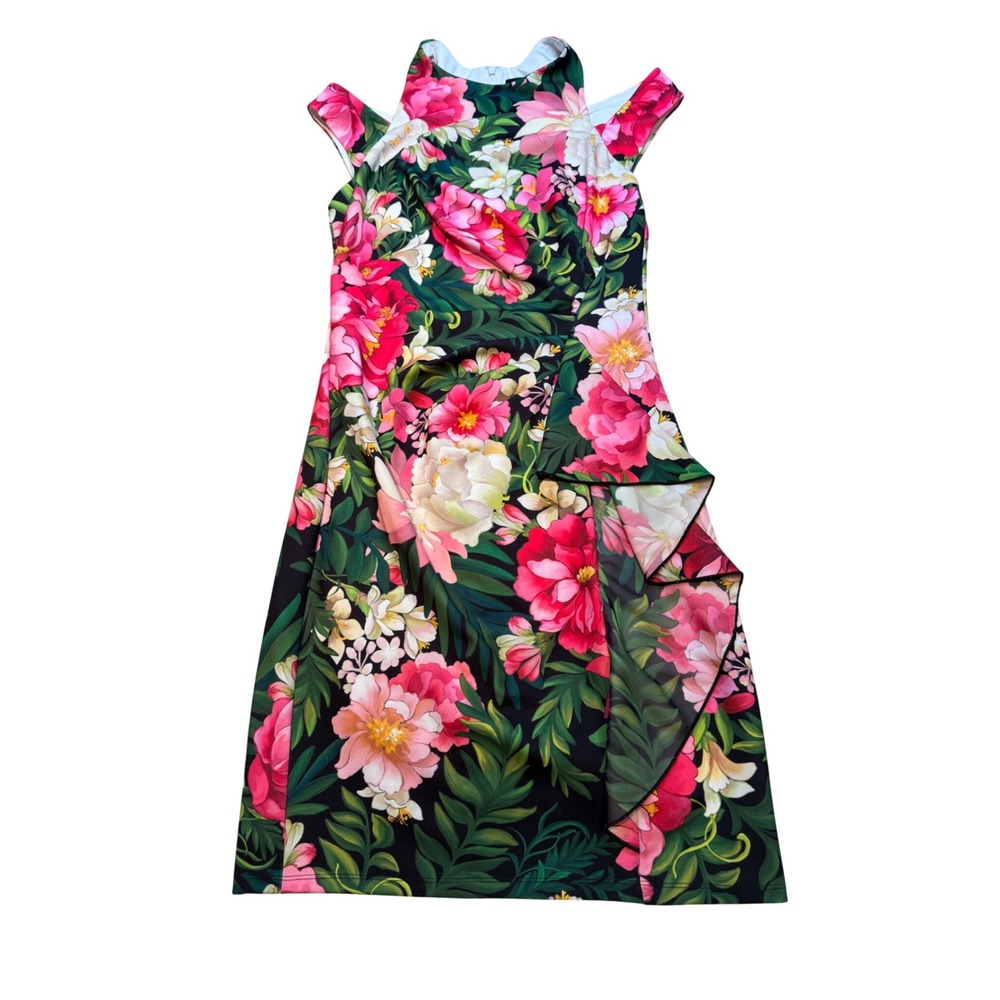 Tadashi Shoji Floral Cold Shoulder Ruffle Sheath Dress Pink Green Womens‎ Size M